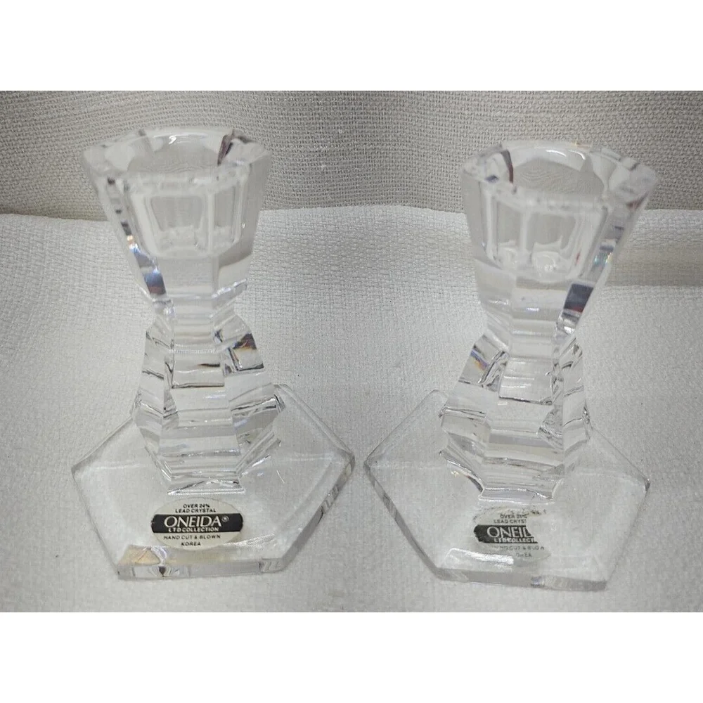 Vintage Rare Oneida Lead Crystal Set 2 Candlesticks Candle Holders - Picture 4 of 12